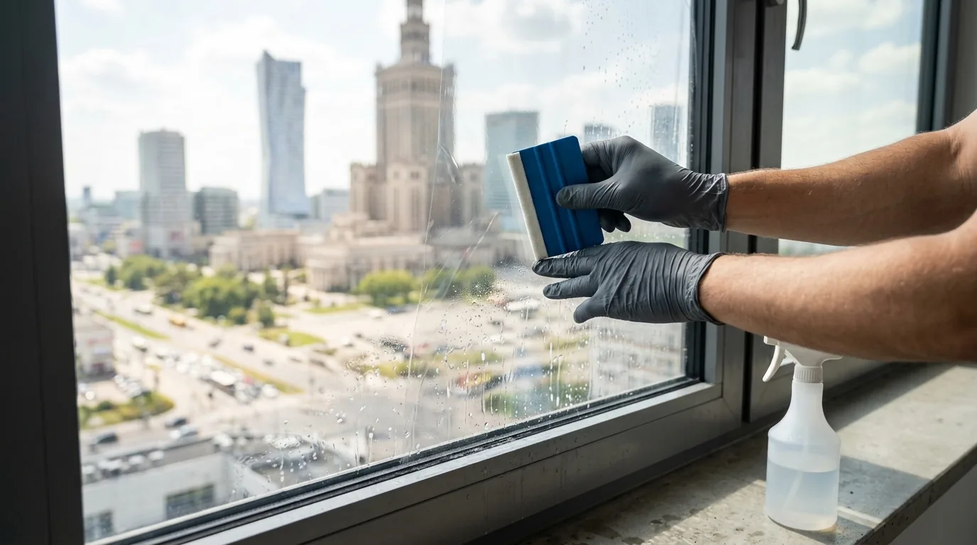 Dłonie w rękawiczkach dociskają raklą przezroczystą folię do szyby, na szkle krople roztworu aplikacyjnego